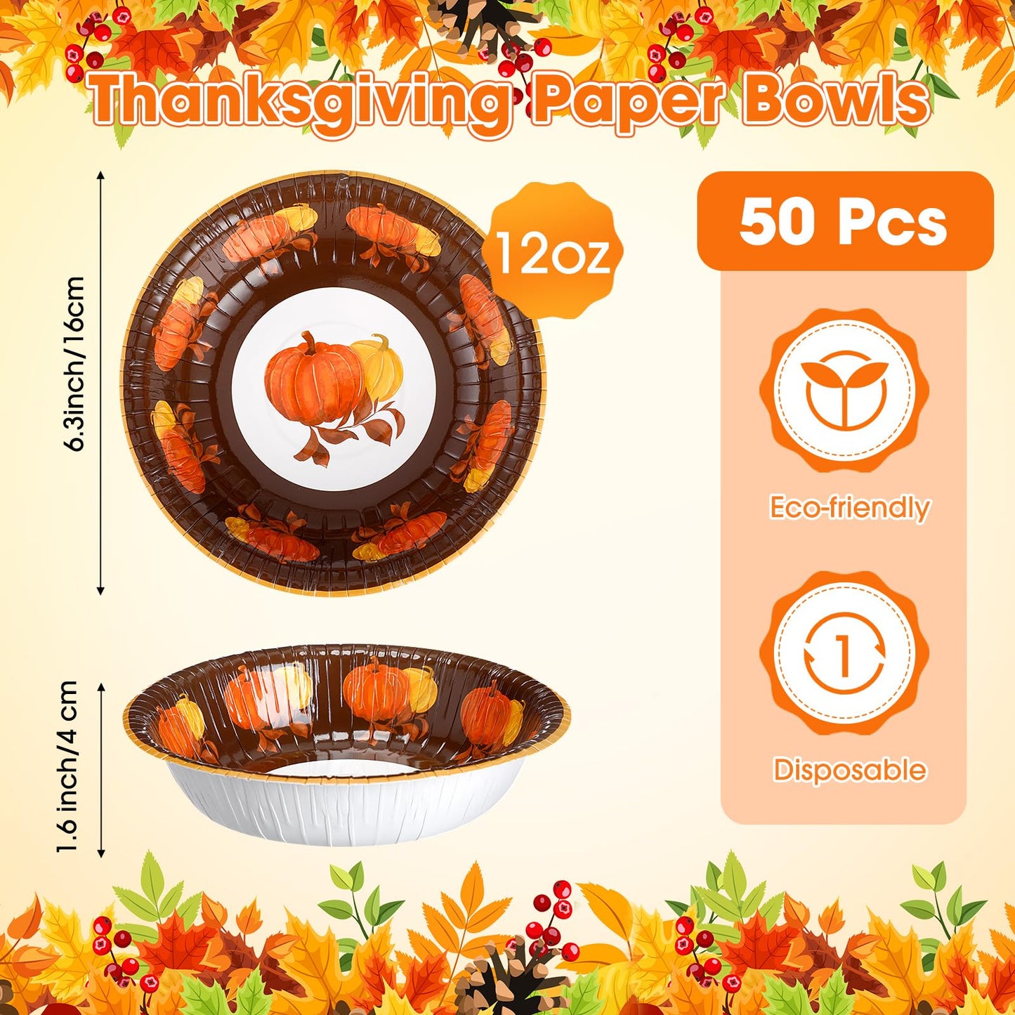 Sliner 50 Pcs 12 oz Fall Thanksgiving Paper Bowls Orange Pumpkin Pattern Hot Soup Bowls Fall Disposable Serving Salad Snack Plates Cups for Dessert Milk Cereal for Autumn Thanksgiving Holiday Party