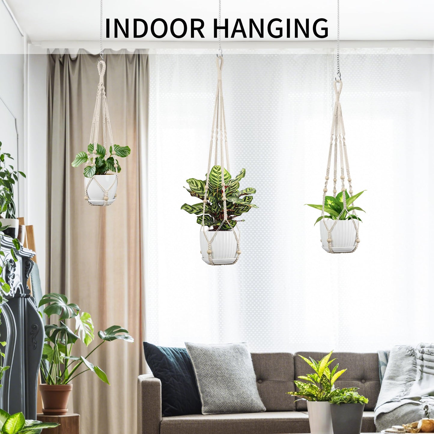 IDEEEPAN Macrame Plant Hanger - Fits 4 to 15 inches Pots for Indoor Outdoor, 43"/35"/29" Different Sizes Set, Ivory (POTS NOT Included)