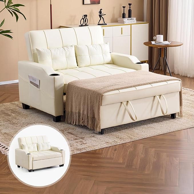 VINGLI Beige Futon Sofa Bed Convertible Loveseat Sleeper Couch, Faux Leather