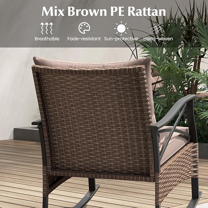 Tangkula 3 Pieces Outdoor Rocking Chairs Set, Rattan Heavy Duty Cushioned