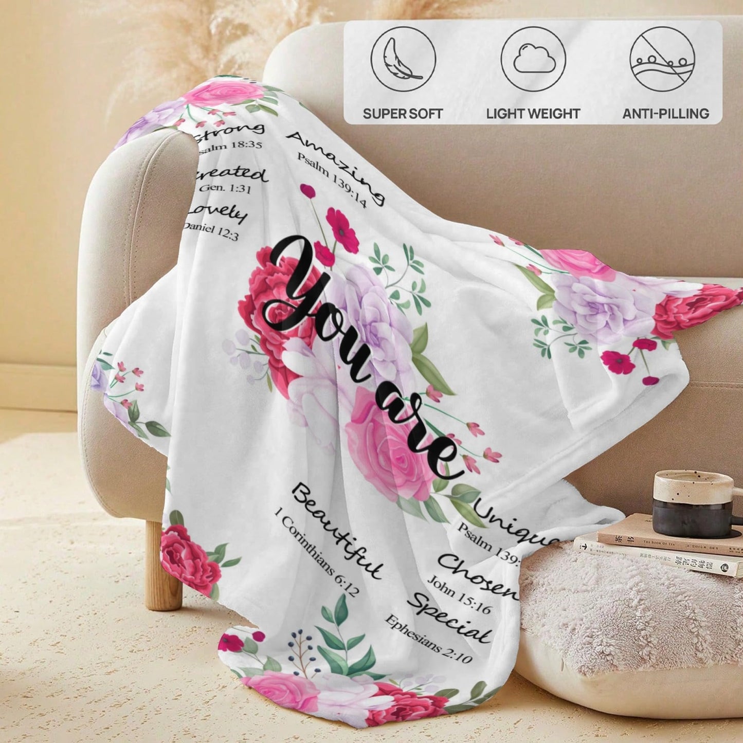 QDVXZA Christian Gifts for Women, Soft Throw Blanket with Flowers and Bible Verse, Cozy Flannel Spiritual Blanket for Couch, Inspirational Gifts for Sister, Friend, Daughter, Halloween Decor,50"x 60"