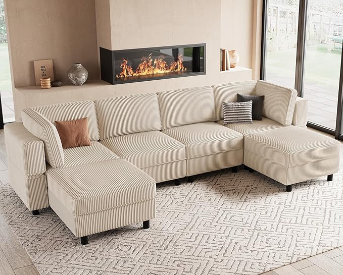 Belffin U Shaped Sectional Sofa Couch Convertible 6 Seater Corduroy Couch