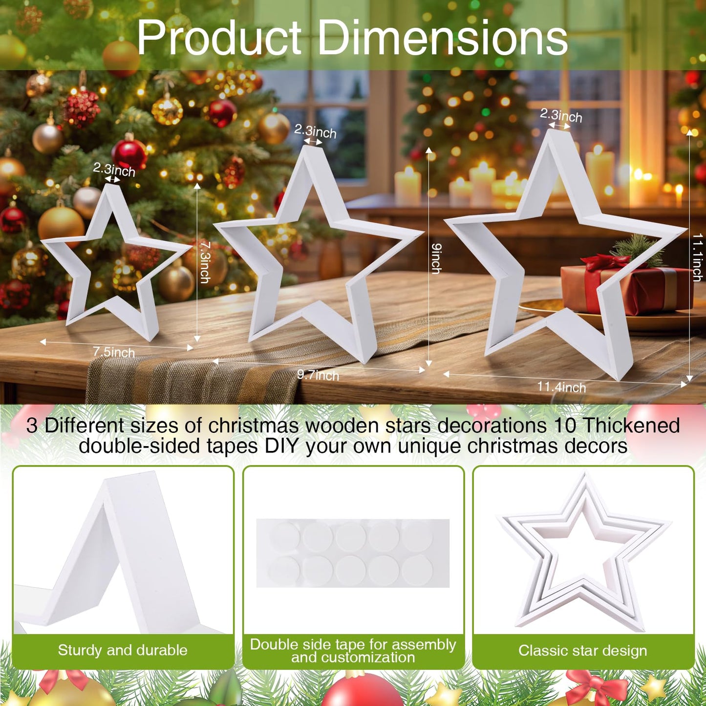 3 Pcs Wooden Stars for Crafts, Rustic Wood Stars, Wooden Tabletop Centerpiece Sign for Crafts, Wood Star Decor, Christmas Star Shelf Display Decorative DIY Christmas for Home Farmhouse Decors (White)