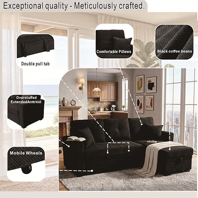 L Shaped Sectional Couch with Storage and Pull Out Bed, 3 Seater Sleeper Sofas