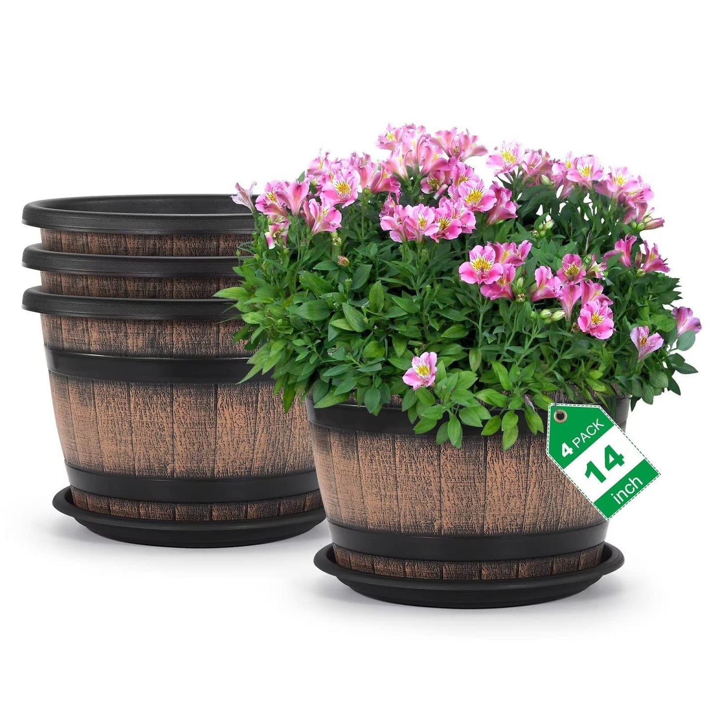 Quarut Large 4 Pack12 inch Plant Pots and 4 Pack14 inch Plant Pots,Flower Pots Imitation Wine Barrel Design for Indoor & Outdoor
