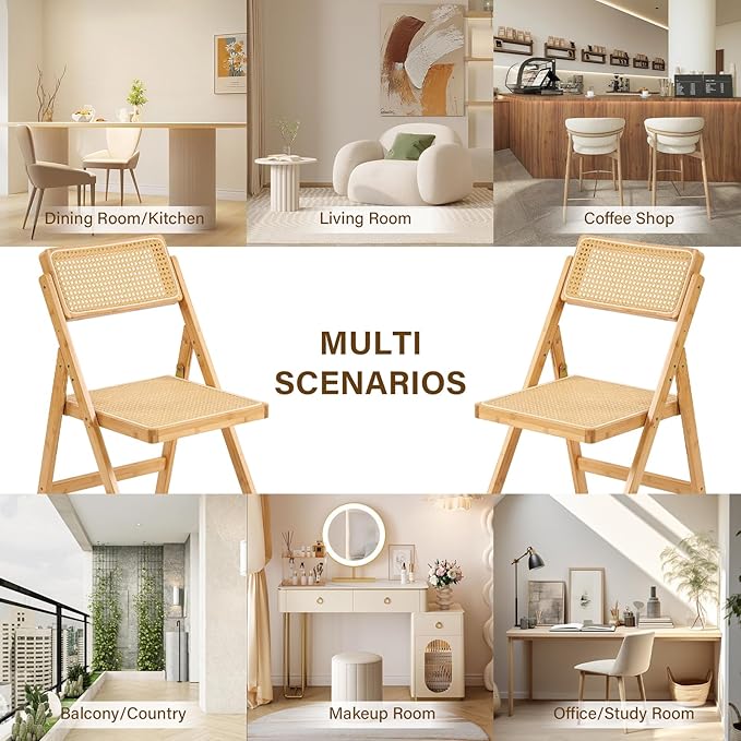 Furlide Rattan Folding Chair, Modern Mid Century Dining Chair Set of 1