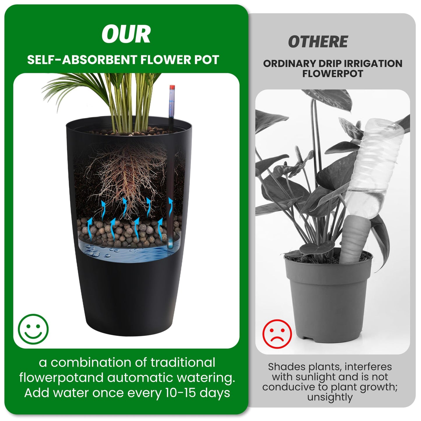 GarveeHome Set of 2 Tall Planters for Outdoor Plants, 22 Inch Large Self Watering Planters with Water Level Monitor, Indoor Outdoor Plastic Flower Pots for Porch, Patio, Backyard & Entryway,Black