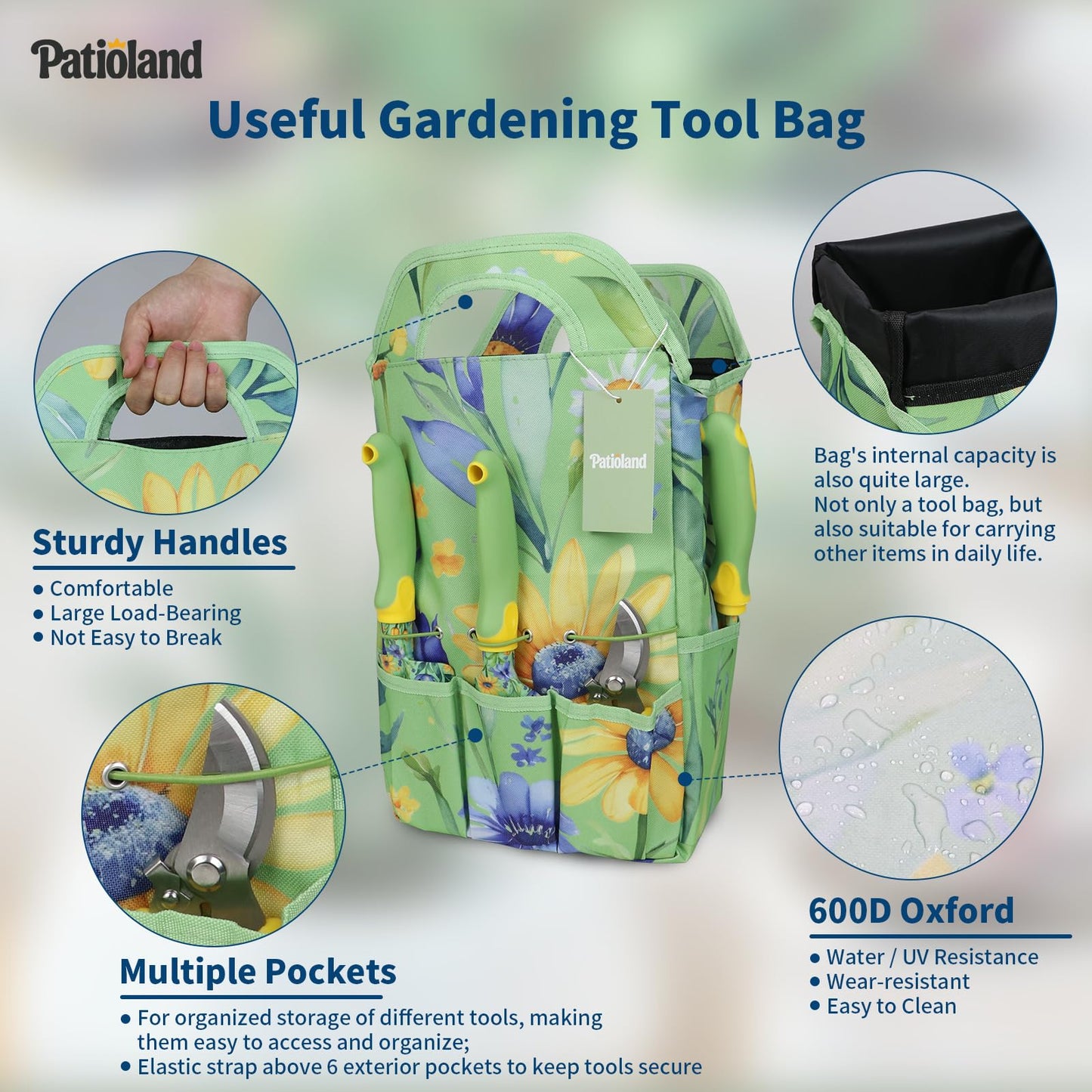 Patioland 10-Piece Garden Tool Set – Green Floral Print Gardening Hand Tools with Non-Slip Handles, Heavy Duty Rust-Proof Aluminum Tools, Organizer Tote Bag, Ideal Gardening Gifts for Women & Grandma