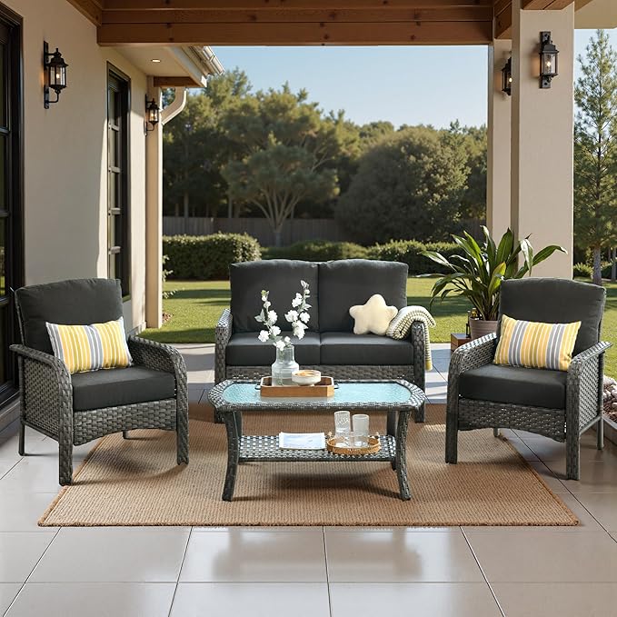 Weaxty Wicker Patio Furniture Set High Back Loveseat Sofa Couch Armchair Coffee