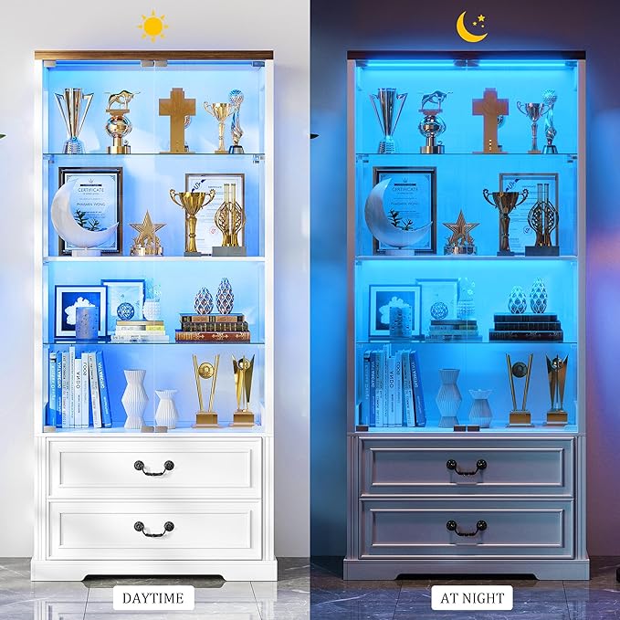 FREDEES Display Cabinet with Glass Doors, Tall Bookcase with 3 Color Lights and