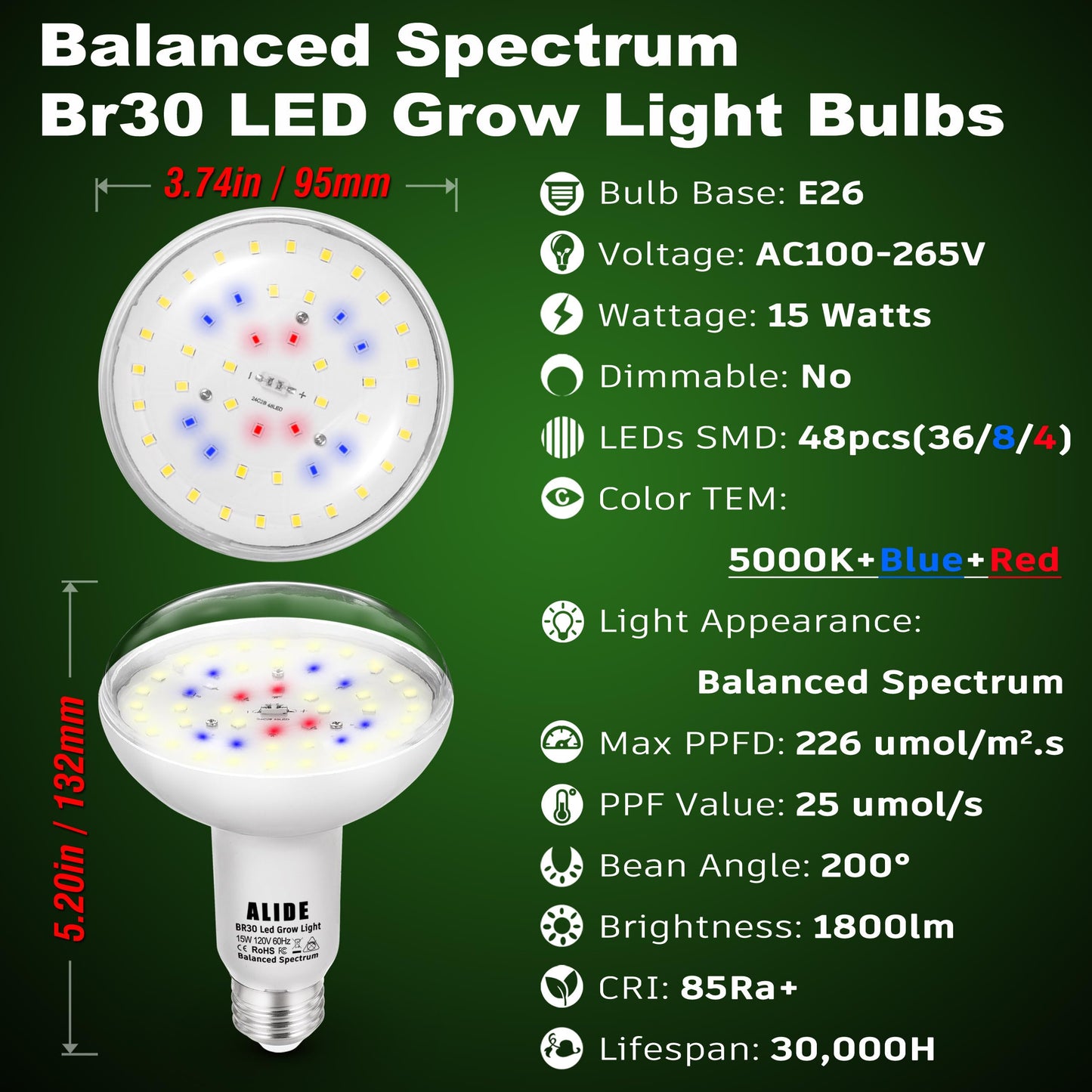 BR30 Led Grow Light Bulbs for Indoor Plants Full Spectrum,E26 BR30 Floodlight Plant Sun Grow Lamp 15W 1800lm,150-200 Watt Equivalent,Balanced Spectrum 5000K Red Blue for Seeds Greens,Flowers,1Pcs
