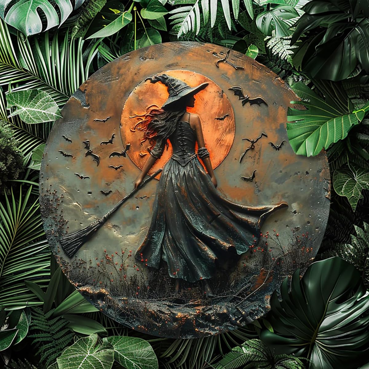 Classic Witch on Broomstick Round Aluminum Sign Halloween Autumn Wall Hanging Decorative Signs & Plaques 8x8 Inch Rustic Style Wall Decor for Halloween, Autumn, Living Room, Bedroom