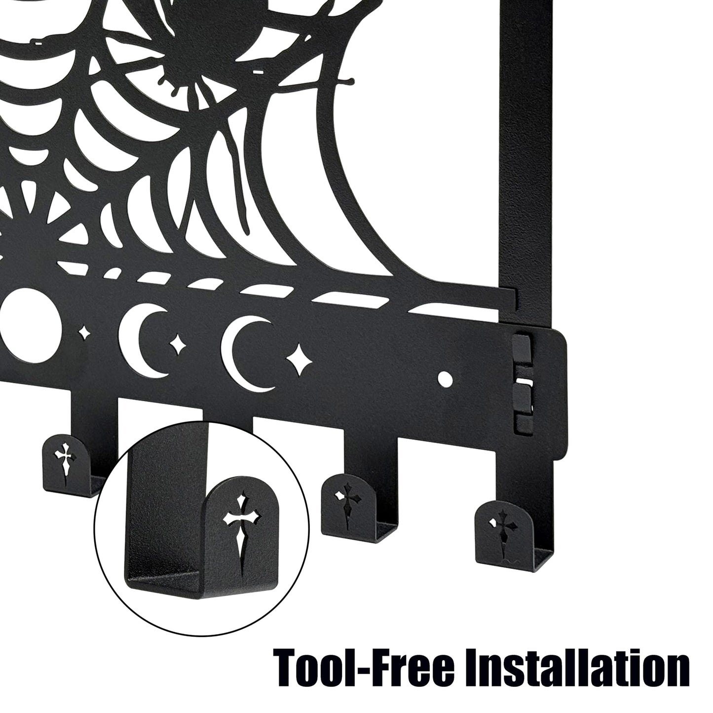Gothic Spider Web Over The Door Hooks - 8-Hook Set with Moon Phase & Cross Design for Halloween Spooky Bathroom Decor | Metal Towel Hanger for Goth Home Accessories | Halloween Gothic Wall Organizer