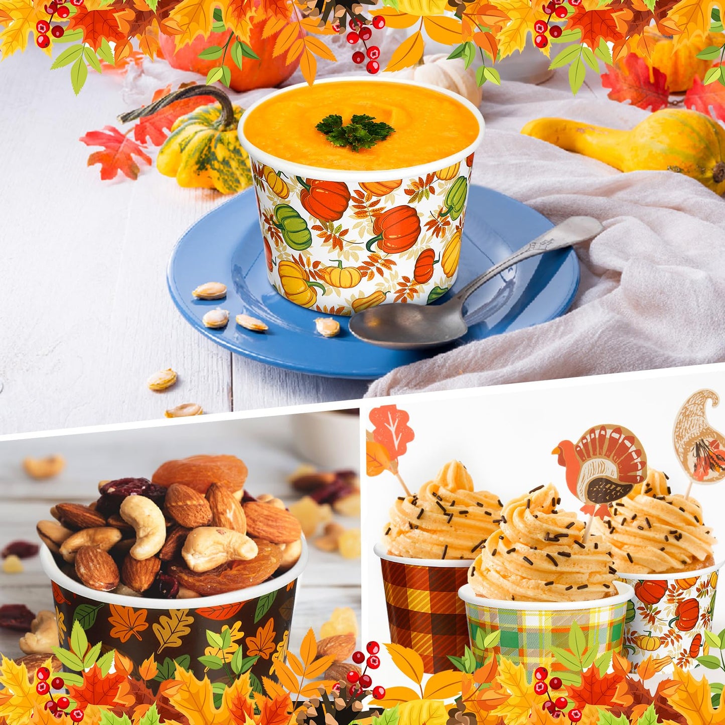 Uiifan 200 Pcs 9oz Fall Paper Bowls Thanksgiving Disposable Bowls Autumn Leaves Pumpkin Bowls Holiday Dessert Salad Snack Soup Cups for Party Supplies Hot or Cold Food