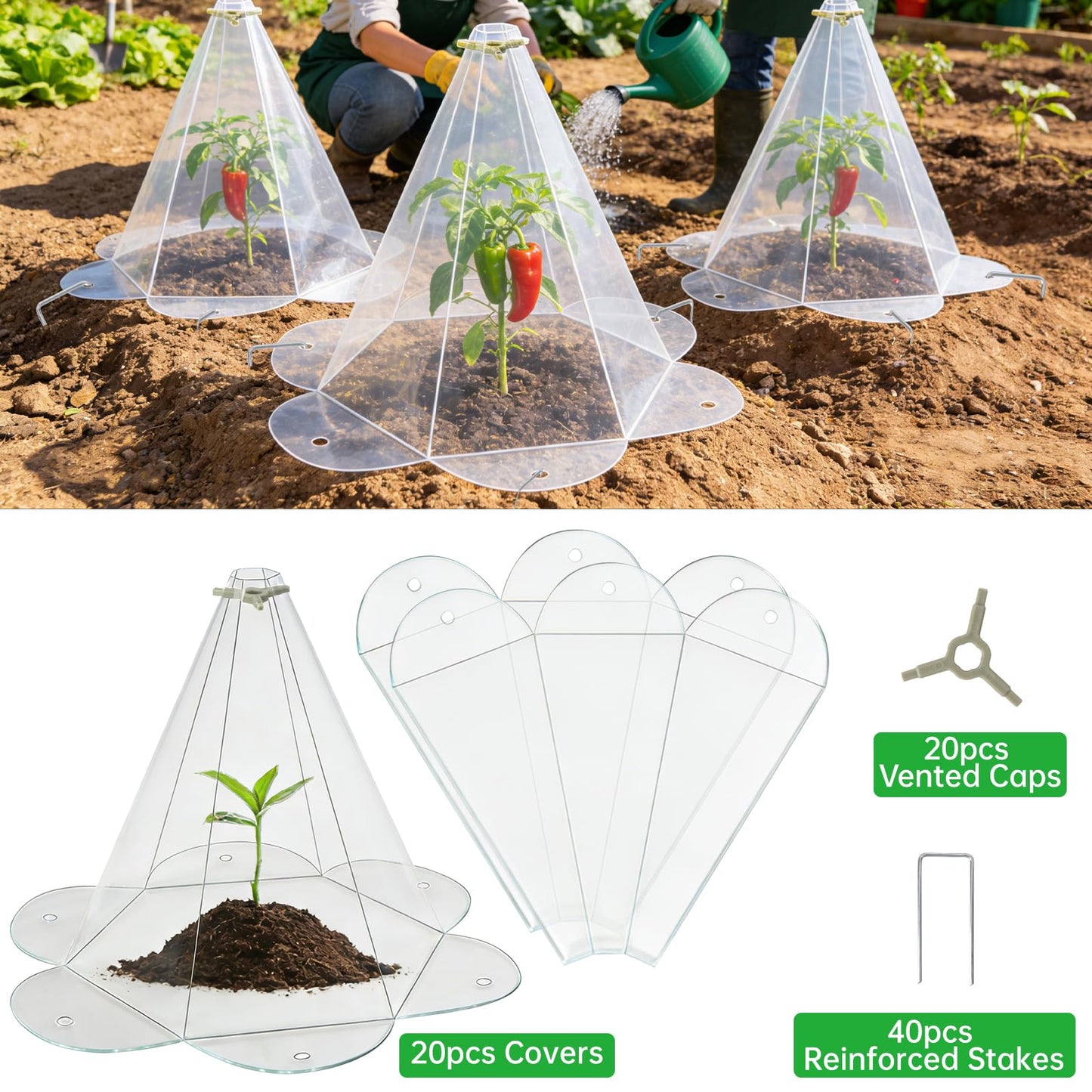 Yhtpouqe 20 Pack Garden Cloches for Plants, Larger Plant Covers Freeze Protection with 40 Ground Securing Pegs, Plant Protectors from Animals for Vegetable, Flower Seedlings, 10.51" H X 10.48" D