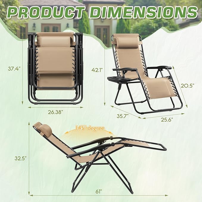 Devoko Set of 2 Zero Gravity Lounge Chairs, Outdoor Folding Adjustable Steel