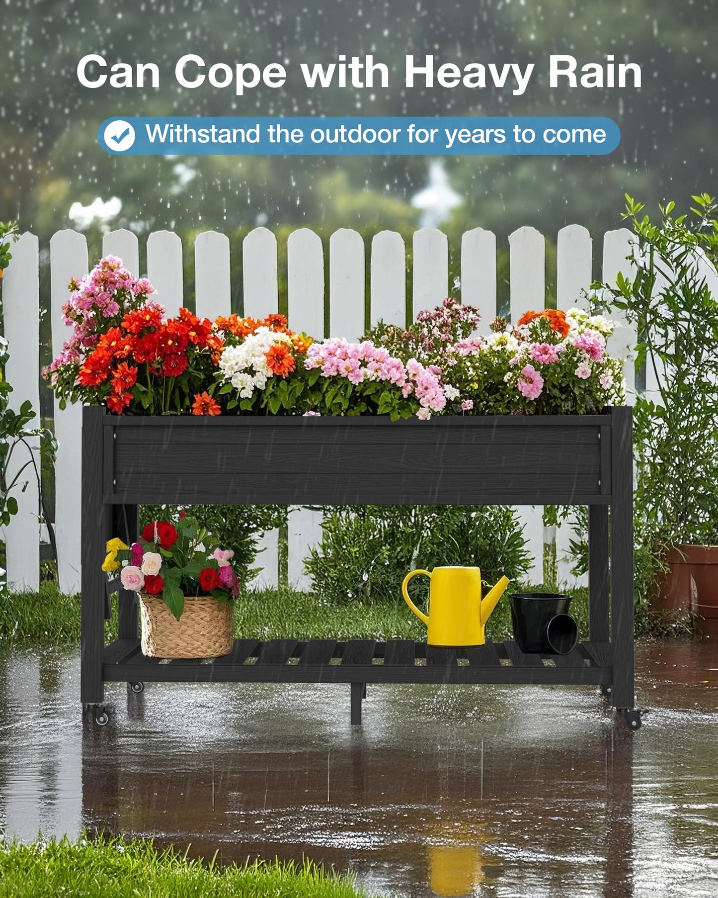 YEFU Raised Garden Bed with Legs: 57x18x30in Weight Capacity 400lb - Waterproof Raised Planter Box with Wheels - Elevated Garden Bed with Storage Shelf - Weather Resistant - for Deck/Patio/Porch/Black