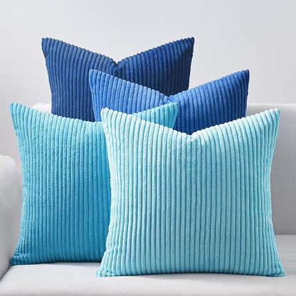 Topfinel Blue Decorative Throw Pillow Covers 16x16 Inch Set of 4,Soft Accent Corduroy Striped Gradient Color Small Cushion Cover for Beach,Patio,Balcony,Couch Living Room,Summer Home Decor