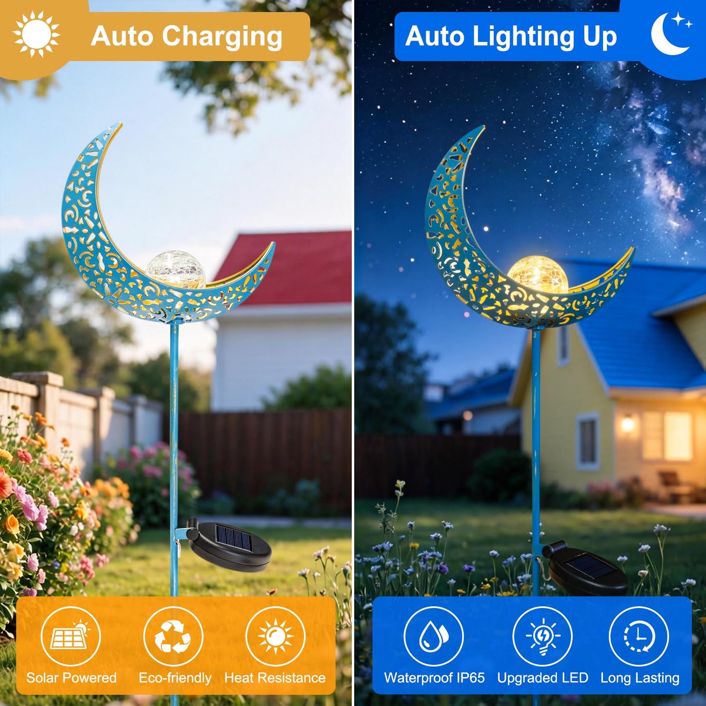 Homeimpro Moon Solar Garden Lights Outdoor Stakes, Waterproof Crackle Glass Metal Yard Lights for Lawn, Patio Accessories, Backyard Decor, Birthday Gifts for Mom