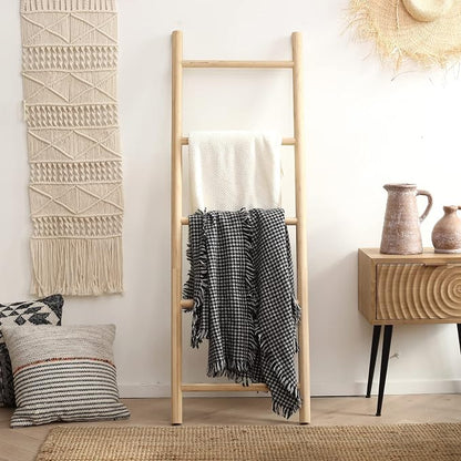 FUIN Fully Assembled 57in Bamboo Blanket Ladders Living Room Wood Decorative Wall Leaning Farmhouse Quilt Display Holder Rustic Wooden Towel Rack for Bathroom, Unfinished