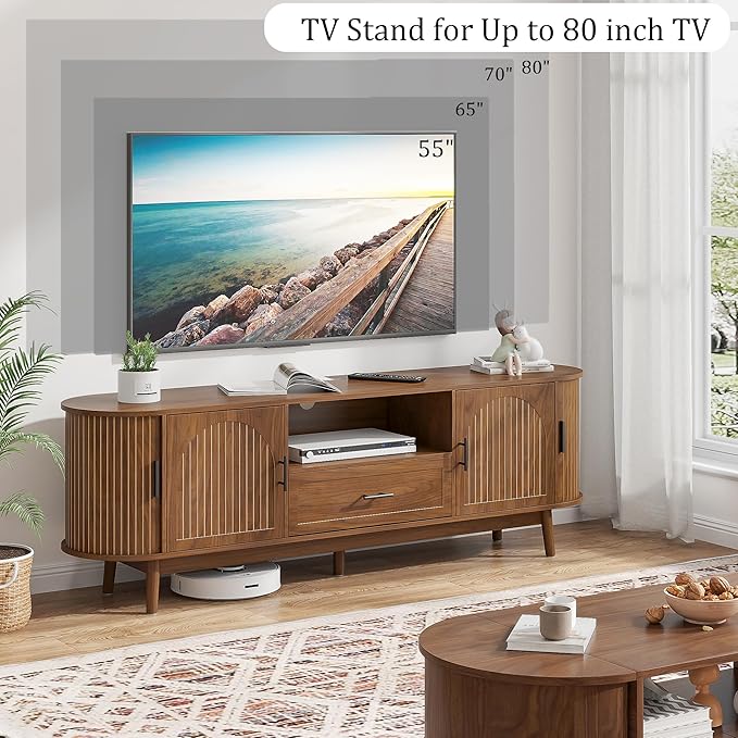 Mxtxmy 70" Fluted TV Stand for Tvs up to 80", Mid-Century Modern Entertainment