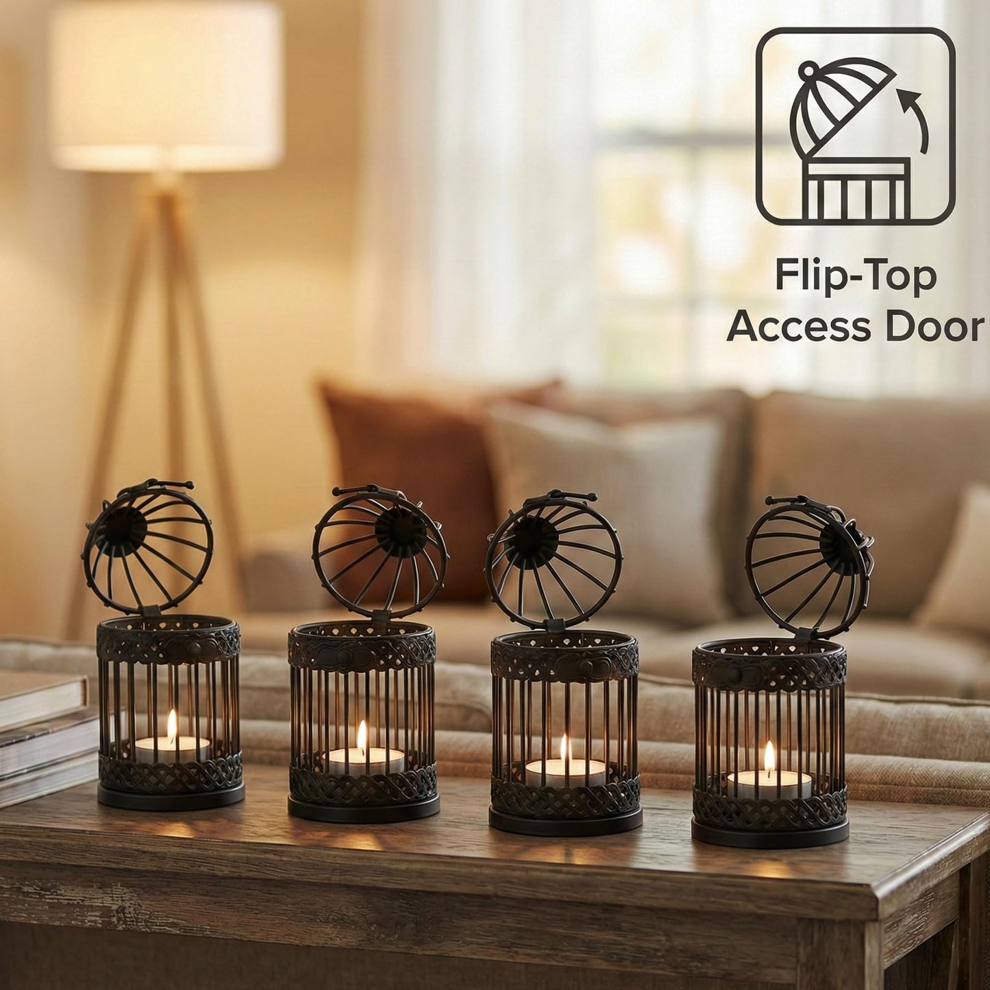 Vela Lanterns Bird Cage Decorative Candle Holders, Black, Small, 4-Pack