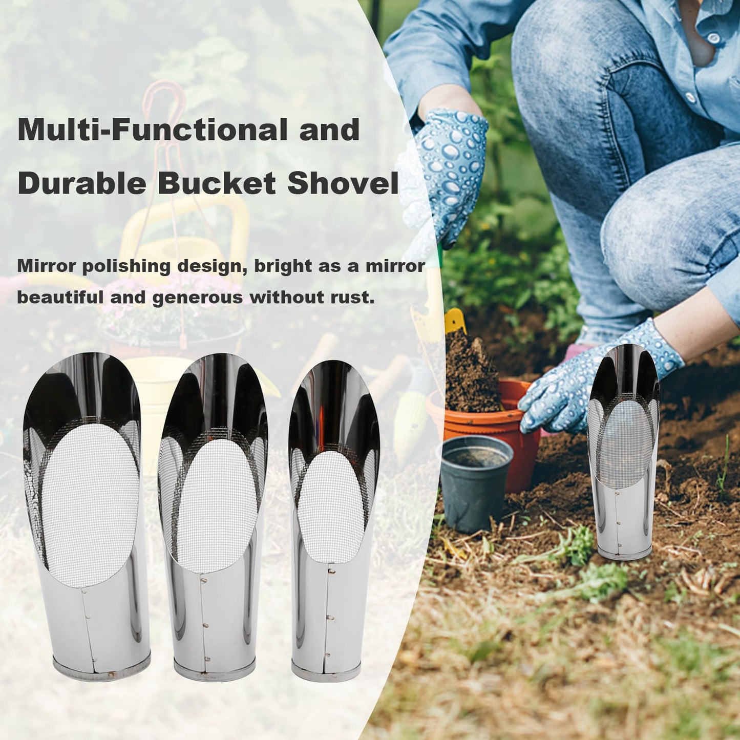 Saihisday 3Pcs Bonsai Soil Scoops Garden Bonsai Tool Bucket Shovel 3 Sizes Soil Scoops Soil Metal Spade Shovel Succulent Planting Potting Cup for Home Gardening Silver