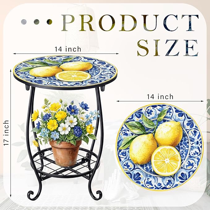 Cinnvoice Outdoor Side Table Round Small Mosaic Patio Accent Indoor End Plant