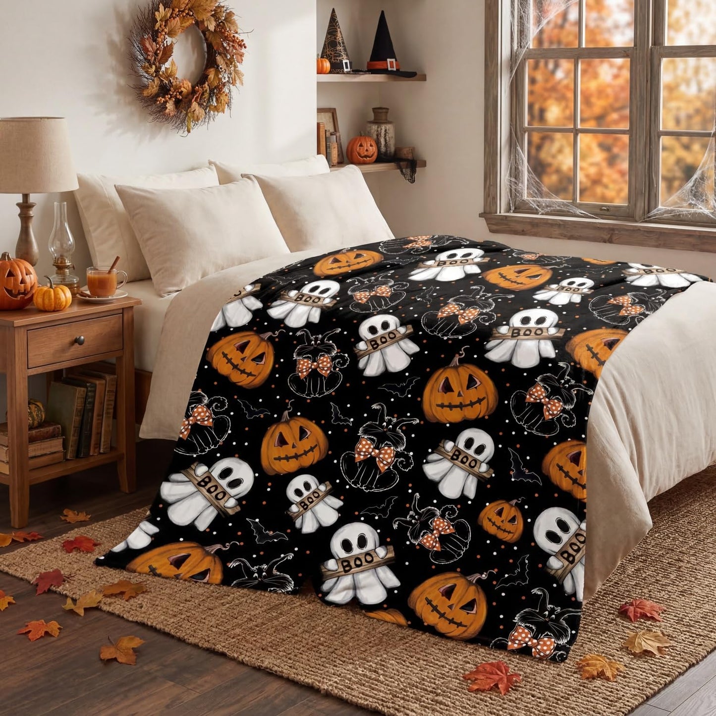 Horaldaily Halloween Flannel Blanket Throw, Jack-O-Lantern Ghost Cat Dots Soft Fuzzy Plush Cozy Fleece Blankets for Couch Sofa Bed Lounging, Ideal Gifts for Kids Adults Wife Self, 50x60