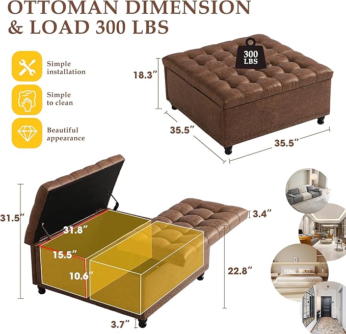 36" Large Square Ottoman with Storage, Tufted Upholstered Storage Ottoman with