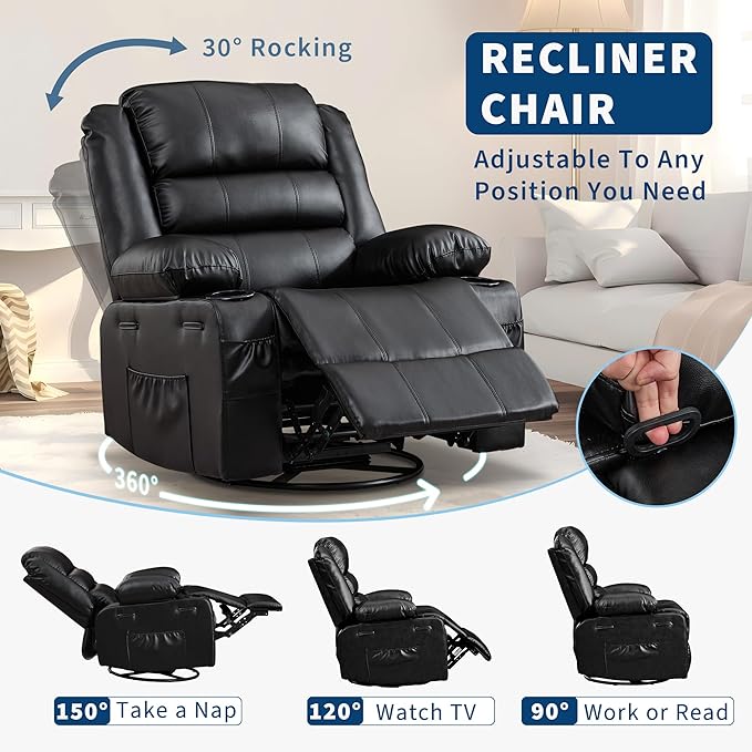 Rocking Recliner Chair for Adults Wide 360° Swivel Rocker Recliner