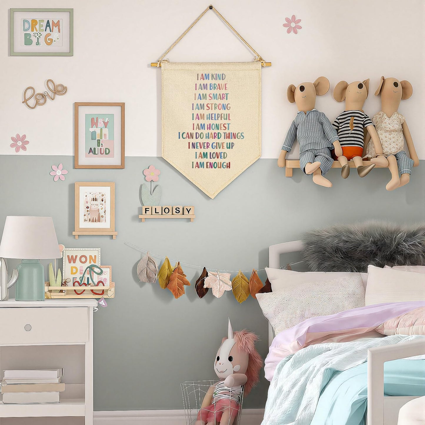 I Am Kind I Am Brave I Am Smart- Kid Affirmation Gift- Canvas Hanging Pennant Flag Banner Wall Sign Decor Gift for Nursery Baby Kids Girl Boy Teen Bedroom Playroom Decor- Christmas Gift