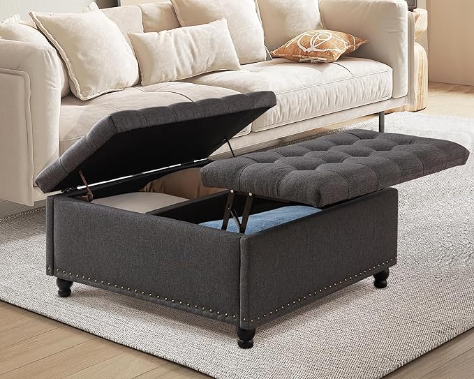 36" Large Square Ottoman with Storage, Tufted Upholstered Storage Ottoman with