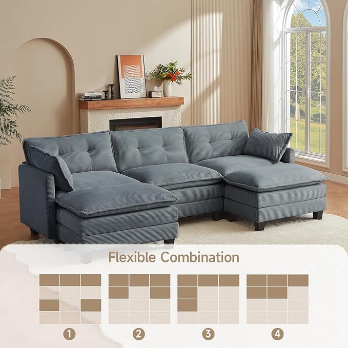 Amsleekey Modular Sectional Sofa, 111.5" U-Shaped Corduroy Comfy Sectional