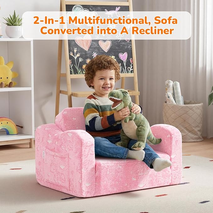 MeMoreCool Glowing Unicorn Kids Chair, 2-in-1 Glow in the Dark Kids Couch Fold