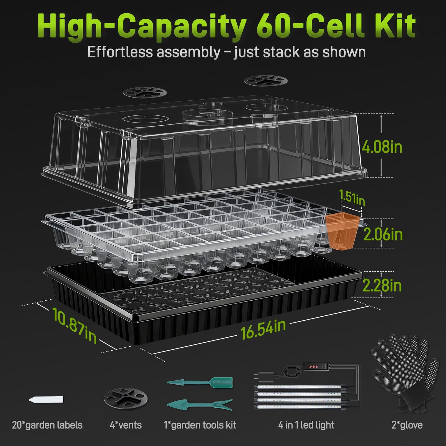 Mulctun 120-Cell Seed Starter Tray with Grow Light, Seedling Starter Trays with 4.08" Humidity Dome, Self-Watering Plant Germination Trays,Seed Starter Kit for Seeds Growing (Black)