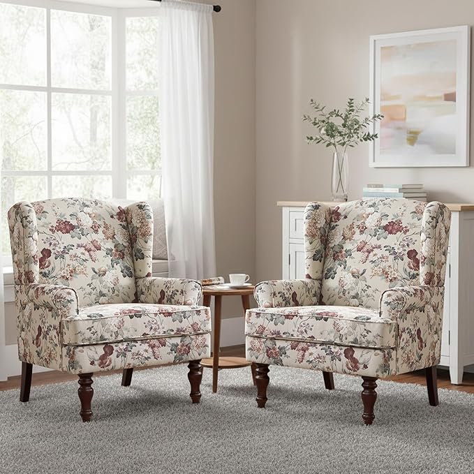 HUIMO Printed Wingback Accent Chair, Linen Upholstered High Back Armchair