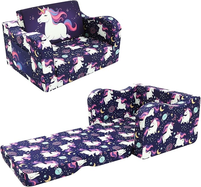 MeMoreCool Kids Folding Couch – Purple Unicorn Toddler Chair, Fold-Out 2-in-1