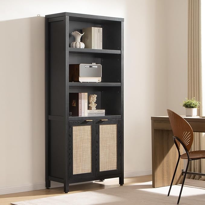 SICOTAS Bookcase 71" Tall Bookshelf 5 Tier Rattan Boho Bookcase
