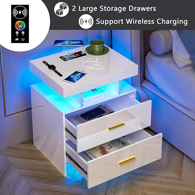HNEBC Auto LED Nightstand with Wireless Charging Station & USB Ports, High