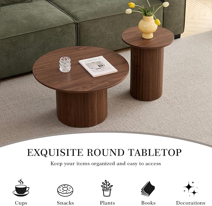 Round Nesting Coffee Table Set of 2 Mid Century Modern Wood Round Coffee Tables