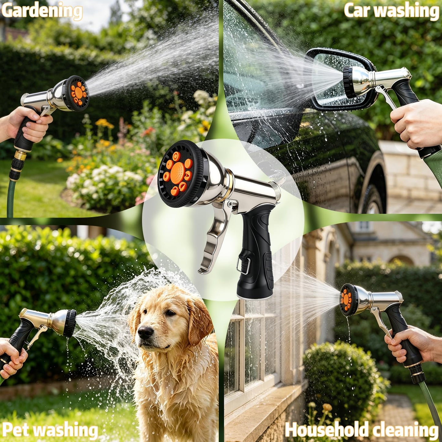 Livoanah Garden Hose Nozzle Heavy Duty, High Pressure Hose Sprayer with 9 Spray Patterns, Metal Water Hose Nozzle Leakproof for Car Washing, Lawn Care, Plant Watering, Patio Cleaning & Pets (orange)