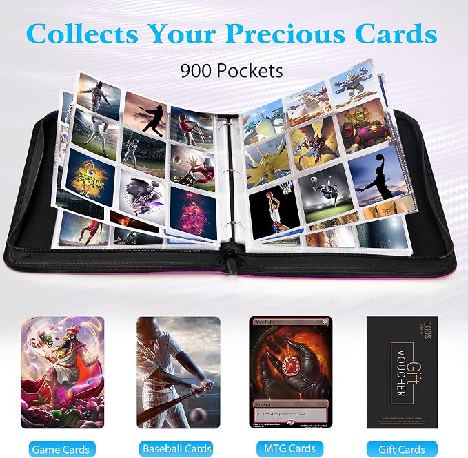 WOT I Trading Card Binder, 900 Pockets Baseball Card Binder Sleeves with Zipper, Double Sided Pockets Card Holder Carry Card Case for Baseball Card, Football Card(Pink), WO-CB-9-9