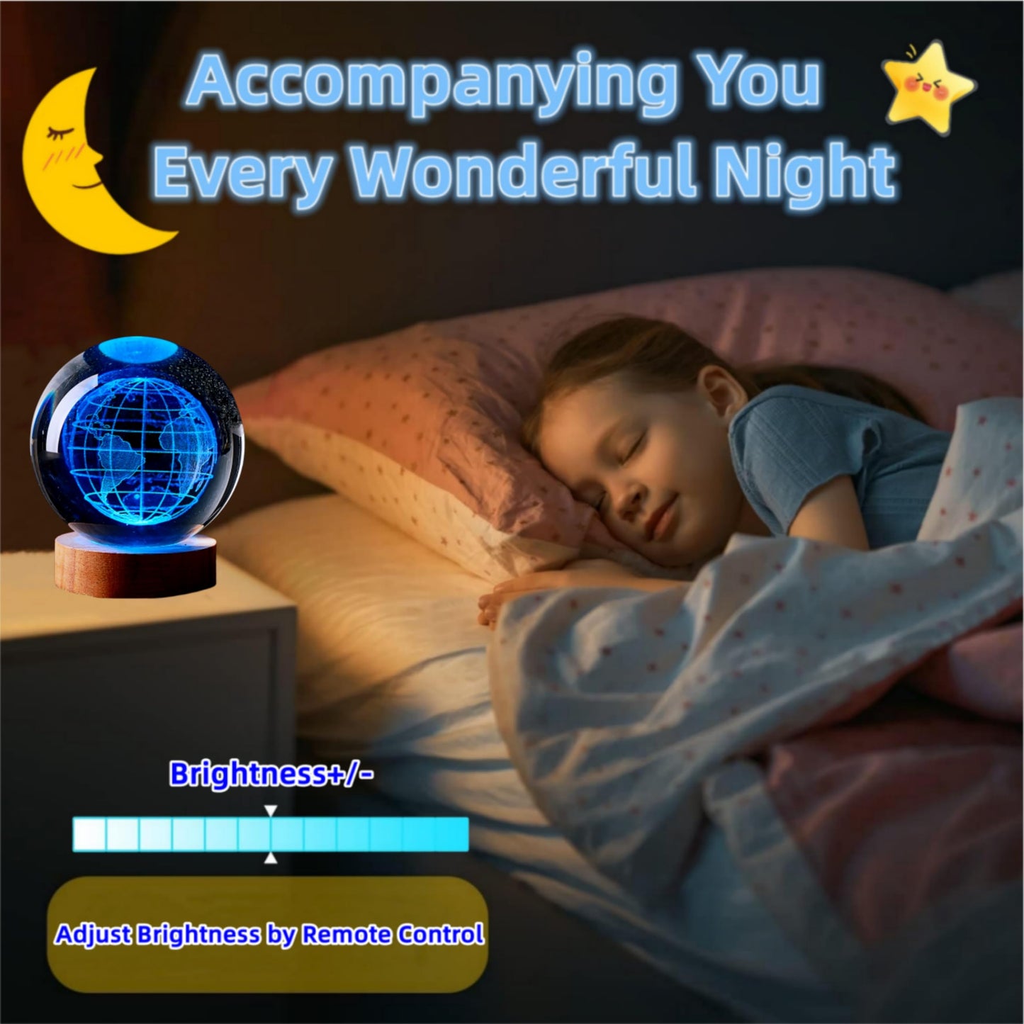 Conalisk 3D Earth Crystal Ball Lamp,3.15 inch K9 Crystal Ball Night Light with Wooden Base,Lifelike 3D LED Night Light,16 Colors Changing Light,Dimmable Remote Control,Desk lamp (D)