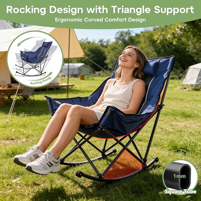 Suteck Oversized Rocking Camping Chair, Thick Padded Folding Rocking Chair