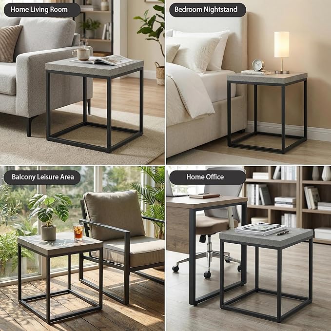 CENSI Modern Grey Square End Table, Extra Thick 1.6" Wood Top & Metal Frame