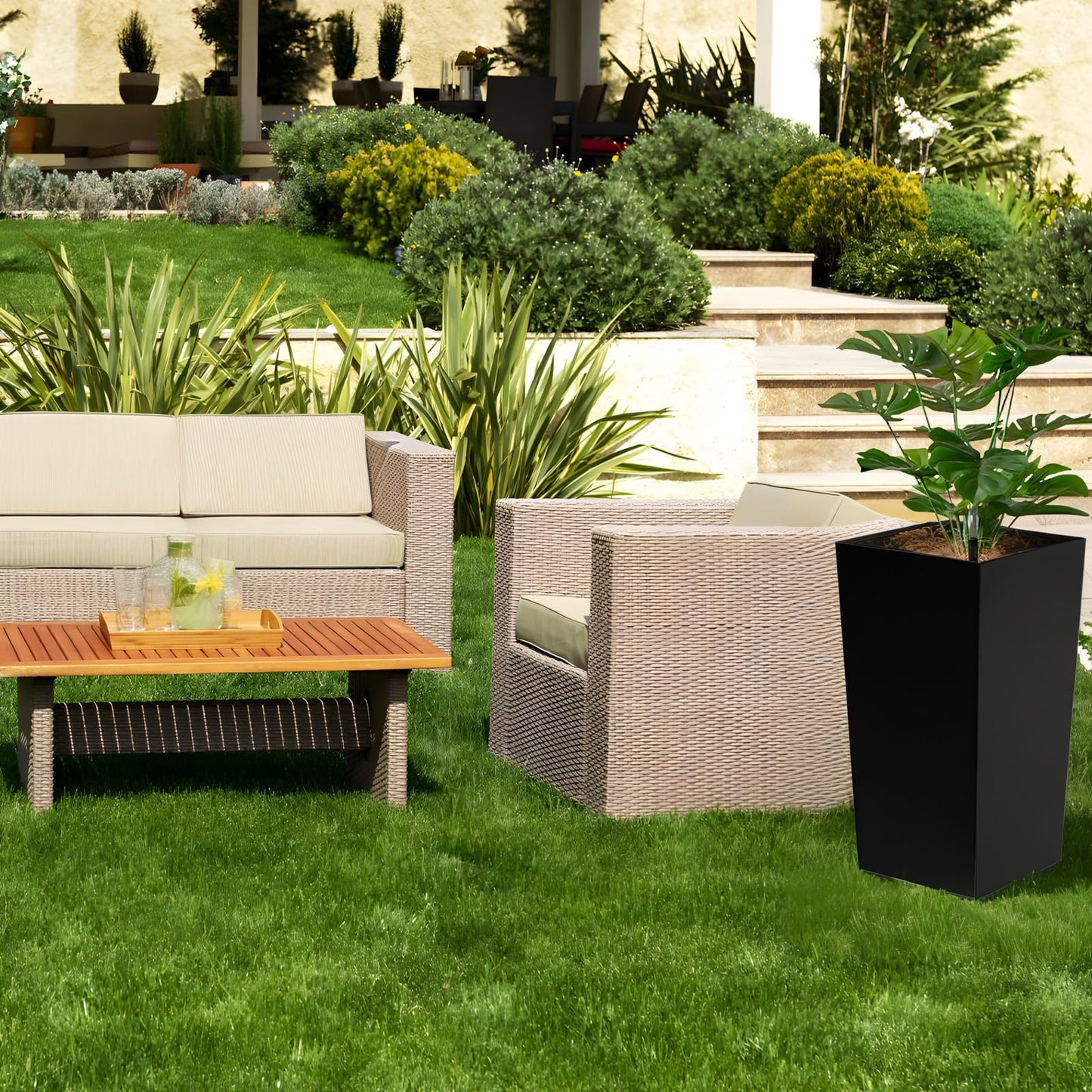 Set of 2 Large Tall Planter for Indoor or Outdoor 22" Flower Pots Tapered Tall Planters with Tray for Porch, Patio, Backyard, Large Planters for Plants with Visual Water Level, Dual Buckle, Tray Black