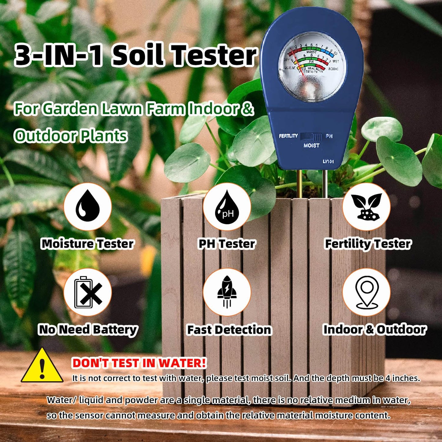 3-in-1 Soil Moisture Meter pH & Fertility Tester, No Battery Needed Plant Soil Test Kit for Houseplants, Garden, Lawn & Farm, Plug-and-Read Soil Acidity Meter for Indoor Outdoor Potted Plants (Blue)