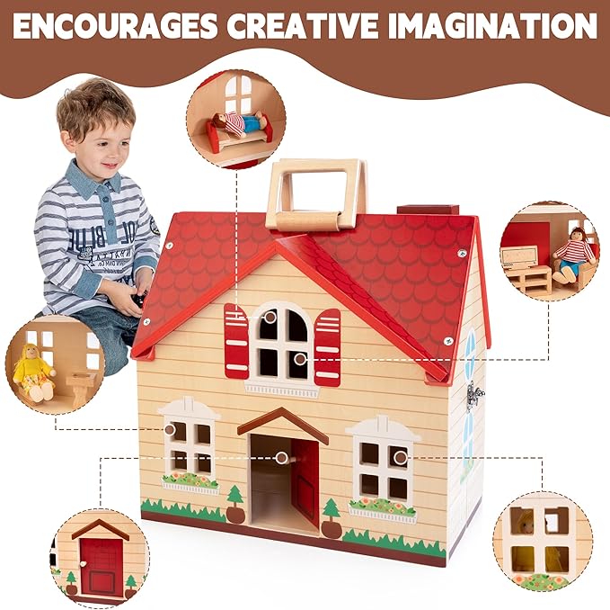 Foldable Wooden Dollhouse with 13PCS Furniture, 4 Rooms and 2 Flexible Dolls