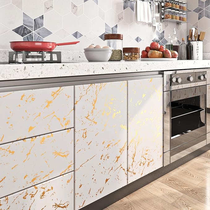 FunStick 24"x200" Off White and Gold Marble Peel and Stick Wallpaper Self